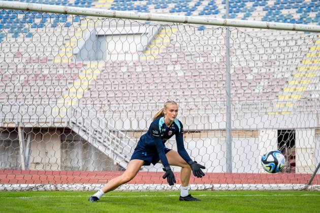 241024 Goalkeeper Selma Panengstuen of the Norwegian women s national football team during a training session on October 24, 2024 in Shkodar Photo Vegard Grott BILDBYRAN kod VG VG0679 bbeng fotboll football soccer fotball norge norway women dam uefa euro qualifier em kvalifisering kvinner em kvalik em kval träning practice training trening  Copyright: VEGARDxGRoTT BB241024VG055