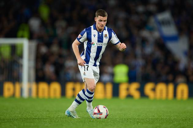 October 27, 2024, San Sebastian, Guipuzcoa, SPAIN: Sergio Gomez of Real Sociedad in action during the LaLiga EA Sports match between Real Sociedad and CA Osasuna at Reale Arena on October 27, 2024, in San Sebastian, Spain. San Sebastian SPAIN - ZUMAa181 20241027_zaa_a181_304 Copyright: xRicardoxLarreinax
