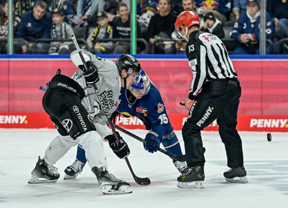 Linesperson David Tschirner executes a faceoff between Louis Marc Aubry Koelner Haie, 15 and Nikolaus Heigl EHC Red Bull Muenchen, 15 GER, EHC Red Bull Muenchen vs Koelner Haie, Ice Hockey, DEL, Matchday 14, Season 2024 2025, 01 11 2024 GER, EHC Red Bull Muenchen vs Koelner Haie, Ice Hockey, DEL, Matchday 14, Season 2024 2025, 01 11 2024 Muenchen Copyright: xEibner-Pressefoto HeikexFeinerx EP_HFR