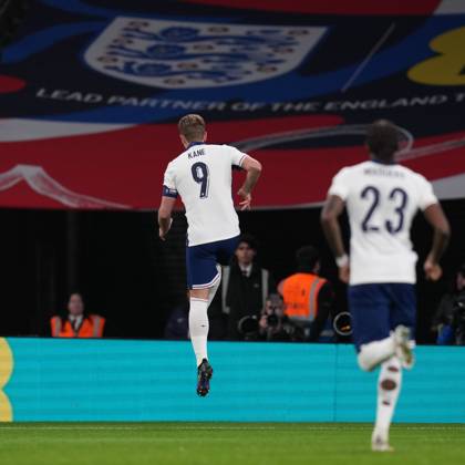 Harry Kane (9) of England celebrates after he scores his team™s first goal during the Group F UEFA Nations League match between England and Republic of Ireland at Wembley Stadium, London, England on 17 November 2024. Copyright: xDavidxHornx PMI-6545-0076