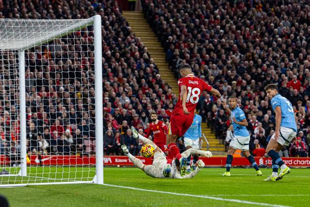Football - FA Premier League - Liverpool FC v Manchester City FC LIVERPOOL, ENGLAND - Sunday, December 1, 2024: Liverpool s Cody Gakpo scores the first goal during the FA Premier League match between Liverpool FC and Manchester City FC at Anfield. (Photo by David Rawcliffe Propaganda) LIVERPOOL Anfield MERSEYSIDE ENGLAND Copyright: xDavidxRawcliffex P2024-12-01-Liverpool_Man_City-6