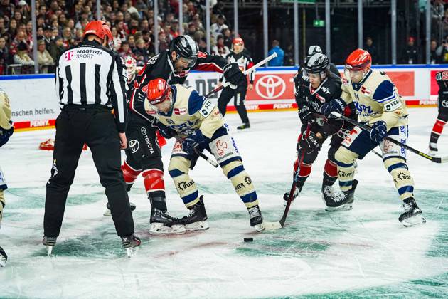 Ice Hockey Penny DEL 22 Matchday Cologne Sharks Schwenninger Wild Wings on 01 12 2024 at the Lanxess Arena in Cologne f l n r , Alexandre Grenier Cologne , Tylor Spink Schwenningen , Tim Wohlgemuth Cologne , Phil Hungerecker Schwenningen According to the regulations of the DEL German Ice Hockey League, the publication and further use of the recordings in electronic media and end devices of all kinds during the ongoing game is not permitted xDMx
