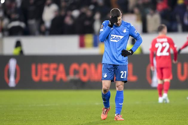 Andrej Kramaric Hoffenheim, 27 , TSG 1899 Hoffenheim player, disappointed about the draw, only draw, disappointment after the final whistle, highlight, point loss, frustration, disappointed, pessimistic, 12 12 2024, Sinsheim Germany , football, UEFA Europa League, group stage, TSG 1899 Hoffenheim FCSB Bucharest, REGULATIONS PROHIBIT ANY USE OF PHOTOGRAPHS AS IMAGE SEQUENCES AND OR QUASI VIDEO xozx