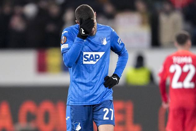 Andrej Kramaric Hoffenheim, 27 , TSG 1899 Hoffenheim player, disappointed about the draw, only draw, disappointment after the final whistle, highlight, point loss, frustration, disappointed, pessimistic, single image, single photo, action, action, 12 12 2024, Sinsheim Germany , Football, UEFA Europa League, Group stage, TSG 1899 Hoffenheim FCSB Bucharest, 12 12 2024, Sinsheim Germany , Football, UEFA Europa League, Group stage, TSG 1899 Hoffenheim FCSB Bucharest, DFB DFL REGULATIONS PROHIBIT ANY USE OF PHOTOGRAPHS AS IMAGE SEQUENCES AND OR QUASI VIDEO xozx
