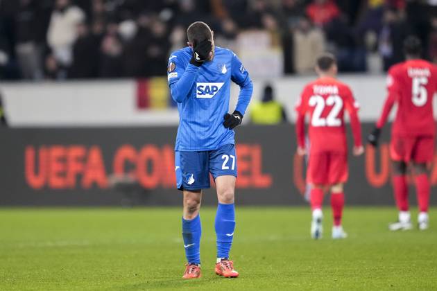 Andrej Kramaric Hoffenheim, 27 , TSG 1899 Hoffenheim player, disappointed about the draw, only draw, disappointment after the final whistle, highlight, point loss, frustration, disappointed, pessimistic, 12 12 2024, Sinsheim Germany , football, UEFA Europa League, Group stage, TSG 1899 Hoffenheim FCSB Bucharest, 12 12 2024, Sinsheim Germany , Football, UEFA Europa League, Group stage, TSG 1899 Hoffenheim FCSB Bucharest, DFB DFL REGULATES PROHIBIT ANY USE OF PHOTOGRAPHS AS IMAGE SEQUENCES AND OR QUASI VIDEO xozx