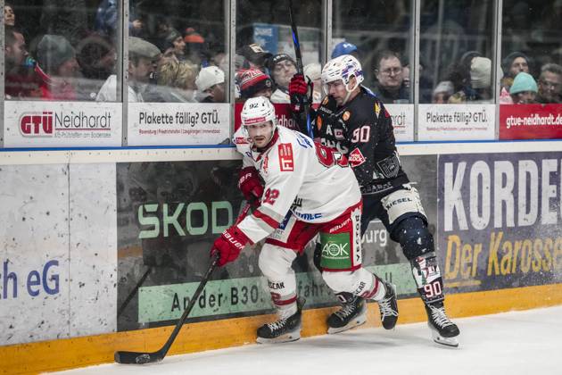 Battle for the puck duel between Patrick Demetz Eisbaeren Regensburg, 92 and Adam Payerl Towerstars Ravensburg, 90 , GER, Ravensburg Towerstars vs Eisbaeren Regensburg, Ice Hockey, DEL2, Season 2024 2025, Matchday 30, 26 12 24 GER, Ravensburg Towerstars vs Eisbaeren Regensburg, Ice Hockey, DEL2, Season 2024 2025, Matchday 30, 26 12 24 Ravenburg Copyright: xEibner-Pressefoto MaximilianxRistx EP_MRT