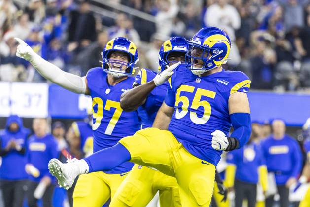 NFL, American Football Herren, USA 2024: Los Angeles Rams Vs Arizona Cardinals in Los Angeles - 28 Dec 2024 Los Angeles Rams defensive end Braden Fiske 55 celebrates after an interception against the Arizona Cardinals during an NFL football game at SoFi Stadium. Los Angeles United States Copyright: xRingoxChiux xSOPAxImagesx 20241228RC.Rams084