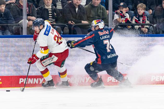 Fight for the puck duel between Alexander Blank Duesseldorfer EG, 24 and Les Lancaster EHC Red Bull Muenchen, 74 GER, EHC Red Bull Muenchen vs Duesseldorfer EG, Ice Hockey, DEL, Matchday 38, Season 2024 2025, 19 01 2025 GER, EHC Red Bull Muenchen vs Duesseldorfer EG, Ice Hockey, DEL, Matchday 38, Season 2024 2025, 19 01 2025 Muenchen Copyright: xEibner-Pressefoto FranzxFeinerx EP_HFR
