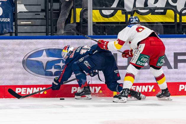 Battle for the puck duel between Nikolaus Heigl EHC Red Bull Muenchen, 15 and Tyler Angle Duesseldorfer EG, 94 GER, EHC Red Bull Muenchen vs Duesseldorfer EG, Ice Hockey, DEL, Matchday 38, Season 2024 2025, 19 01 2025 GER, EHC Red Bull Muenchen vs Duesseldorfer EG, Ice Hockey, DEL, Matchday 38, Season 2024 2025, 19 01 2025 Muenchen Copyright: xEibner-Pressefoto FranzxFeinerx EP_HFR
