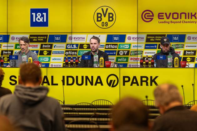 Niko Kovac Borussia Dortmund 09, head coach and Sebastian Hoeness VfB Stuttgart, head coach at the post-match press conference, GER BVB Borussia Dortmund 09 vs VfB Stuttgart, Football, Bundesliga, Matchday 21, Season 2024 2025, 08 02 2025 DFB DFL REGULATIONS PROHIBIT ANY USE OF PHOTOGRAPHS AS IMAGE SEQUENCES AND OR QUASI VIDEO, GER BVB Borussia Dortmund 09 vs VfB Stuttgart, Football, Bundesliga, Matchday 21, Season 2024 2025, 08 02 2025 Dortmund Copyright: xEibner-Pressefoto FabianxFriesex EP_FFE