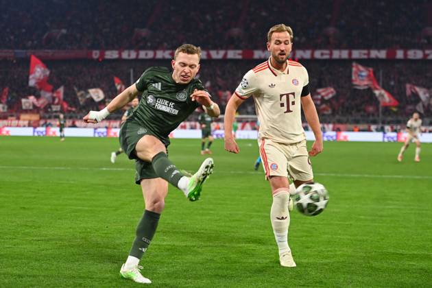 Harry KANE Bayern Muenchen , action,duel against Alistair JOHNSTON Glasgow Football Champions League K O Phase Play offs FC Bayern Muenchen Celtic FC Glasgow 1 1 on 18 02 2025 , A L L I A N Z A R E N A