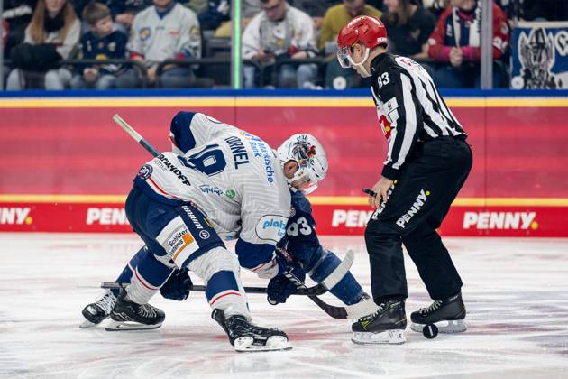 Linesperson David Tschirner executes a faceoff between Maximilian Kastner EHC Red Bull Muenchen, 93 and Eric Cornel Iserlohn Roosters, 18 GER, EHC Red Bull Muenchen vs Iserlohn Roosters, Ice Hockey, DEL, Matchday 47, Season 2024 2025, 21 02 2025 GER, EHC Red Bull Muenchen vs Iserlohn Roosters, Ice Hockey, DEL, Matchday 47, Season 2024 2025, 21 02 2025 Muenchen Copyright: xEibner-Pressefoto HeikexFeinerx EP_HFR