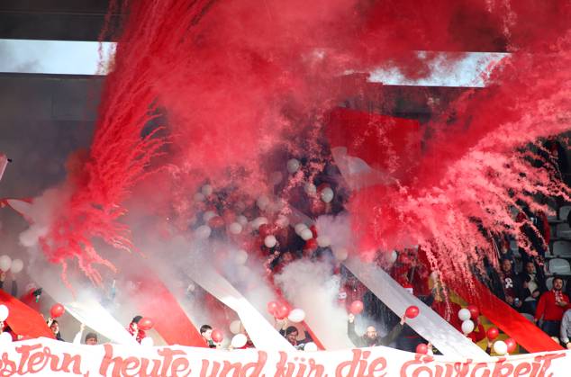 Football, Men, Regionalliga Bayern, Season 2024 2025, FC Bayern München Amateure 1 FC Schweinfurt 05, Grünwalder Stadion Here a red fountain, pyro, choreo at the FC Bayern Amateure Fans