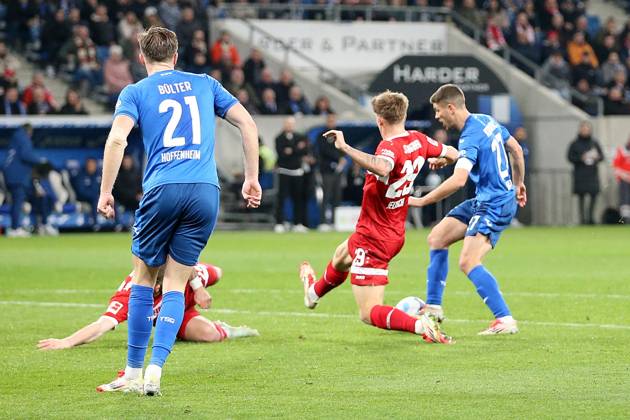 23 02 2025, xrekx, Soccer 1 Bundesliga, TSG 1899 Hoffenheim VfB Stuttgart v l Marius Bülter Buelter TSG 1899 Hoffenheim Finn Jeltsch VfB Stuttgart Andrej Kramaric TSG 1899 Hoffenheim DFL DFB REGULATIONS PROHIBIT ANY USE OF PHOTOGRAPHS as IMAGE SEQUENCES and or QUASI VIDEO Sinsheim