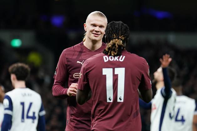 Erling Haland of Manchester City scores during the Premier League match between Tottenham Hotspur and Manchester City at Tottenham Hotspur Stadium, White Hart Lane, England on 26 February 2025. Copyright: xCharliexCarterx PMI-6737-0080