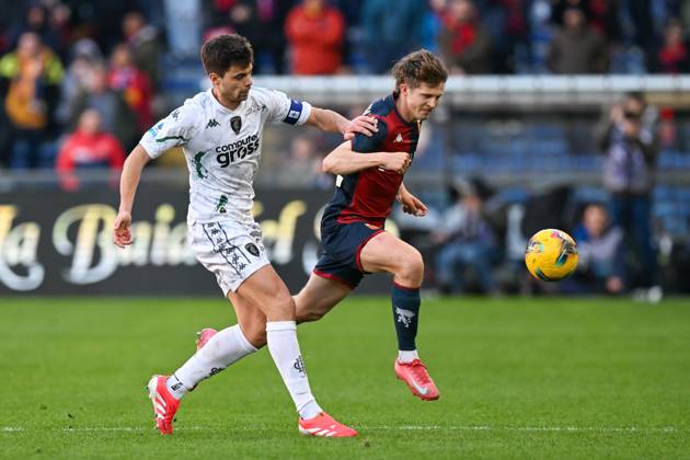 GenoaÕs Morten Frendrup fights for the ball during the Serie A soccer match between Genoa and Empoli at the Luigi Ferraris Stadium in Genoa, Italy - Sunday, March 02, 2025. - Soccer . Copyright: xTanoxPecoraro LaPressex
