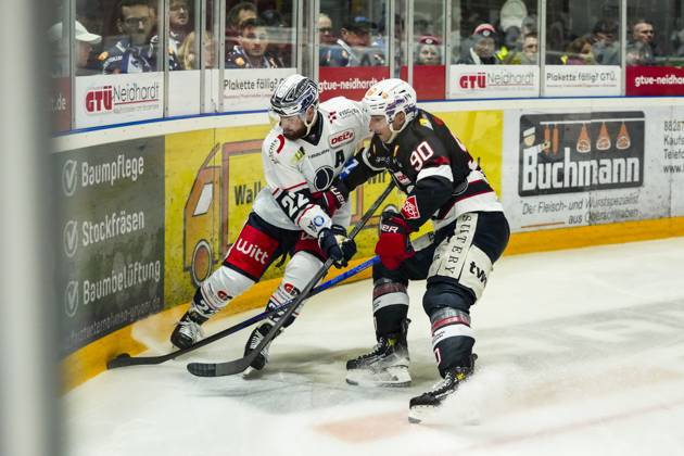 Battle for the puck duel between Dominik Bohac Blue Devils Weiden, 27 and Adam Payerl Towerstars Ravensburg, 90 , GER, Ravensburg Towerstars vs Blue Devils Weiden, Ice field hockey, DEL2, Season 2024 2025, Matchday 52, 23 09 25 GER, Ravensburg Towerstars vs Blue Devils Weiden, Ice field hockey, DEL2, Season 2024 2025, Matchday 52, 23 09 25 Ravenburg Copyright: xEibner-Pressefoto MaximilianxRistx EP_MRT