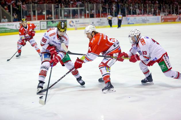 Sahnpark Crimmitschau 07 03 2025 Saison 2024 25 Eishockey 2 Bundesliga Play Down 1 Spiel Kunsteisstadion Heimspiel Eispiraten Eispiraten Eisbären Regensburg Corey Trivino 86 Regensburg l Corey Mackin 81 EPC red David Morley 93 Regensburg r Crimmitschau Sachsen Germany