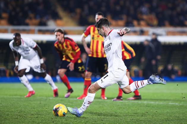 Christian Pulisic of AC Milan scores the goal of 2-2 with a penalty in the match between US Lecce and AC Milan at Ettore Giardiniero - Via del Mare stadium in Lecce (Italy), Mar 8th, 2025. massimilianoxcarnabuci