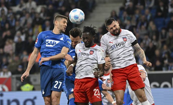 Penalty area scene, Goal area scene Header duel Duel Action Andrej Kramaric TSG 1899 Hoffenheim 27 Haris Tabakovic TSG 1899 Hoffenheim 26 Omar Haktab Traore 1 FC Heidenheim 1846 FCH 23 Marnon Busch 1 FC Heidenheim 1846 FCH 02 TSG 1899 Hoffenheim vs 1 FC Heidenheim 1846 FCH 09 03 2025 DFL REGULATIONS PROHIBIT ANY USE OF PHOTOGRAPHS AS IMAGE SEQUENCES AND OR QUASI VIDEO TSG 1899 Hoffenheim vs 1 FC Heidenheim 1846 FCH