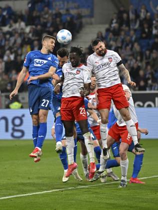 Penalty area scene, Goal area scene Header duel Duel Action Andrej Kramaric TSG 1899 Hoffenheim 27 Haris Tabakovic TSG 1899 Hoffenheim 26 Omar Haktab Traore 1 FC Heidenheim 1846 FCH 23 Marnon Busch 1 FC Heidenheim 1846 FCH 02 TSG 1899 Hoffenheim vs 1 FC Heidenheim 1846 FCH 09 03 2025 DFL REGULATIONS PROHIBIT ANY USE OF PHOTOGRAPHS AS IMAGE SEQUENCES AND OR QUASI VIDEO TSG 1899 Hoffenheim vs 1 FC Heidenheim 1846 FCH
