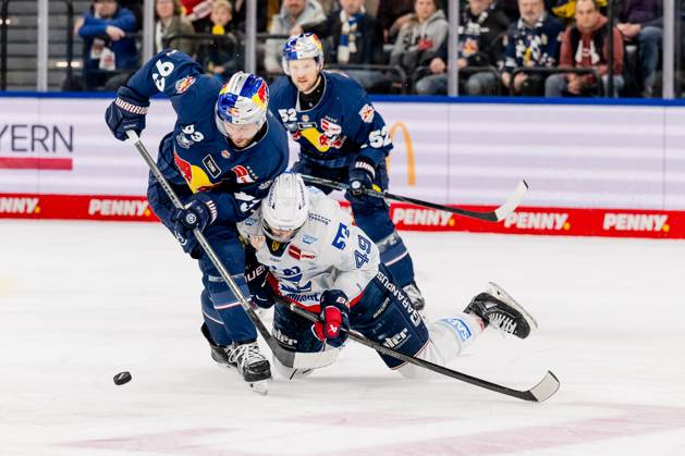 Fight for the puck duel between Maximilian Kastner EHC Red Bull Muenchen, 93 and Lukas Kaelble Adler Mannheim, 49 GER, EHC Red Bull Muenchen vs Adler Mannheim, ice hockey, DEL, playoffs, quarterfinals game 2, 2024 2025 season, 19 03 2025 GER, EHC Red Bull Muenchen vs Adler Mannheim, ice hockey, DEL, playoffs, quarterfinals game 2, 2024 2025 season, 19 03 2025 Muenchen Copyright: xEibner-Pressefoto HeikexFeinerx EP_HFR