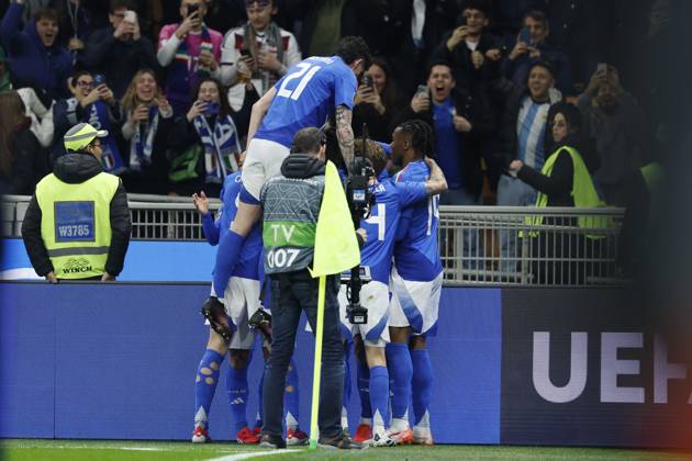 in the picture from l goal, goal, jubilation, goal celebration, joy, enthusiasm, celebrates, after 1 0, 20 03 2025, football, UEFA Nations League, quarter-final, Italy Germany, ITA, Milan, Stadio San Siro, Copyright: HMBxMedia xHeikoxBecker