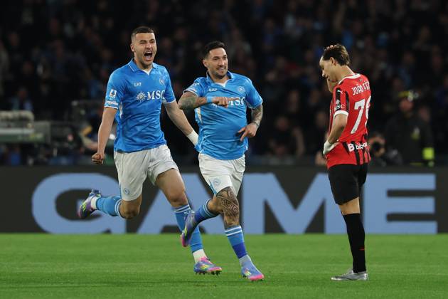 Napoli™s Matteo Politano celebrates after scoring 1-0 during the Serie A soccer match between Napoli and Milan at the Diego Armando Maradona Stadium in Naples, southern italy - Sunday , March 30 , 2025. - Soccer . Copyright: xAlessandroxGarofalo LaPressex