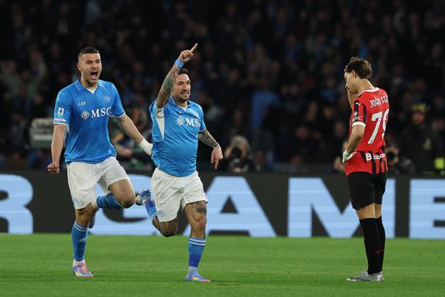 Napoli™s Matteo Politano celebrates after scoring 1-0 during the Serie A soccer match between Napoli and Milan at the Diego Armando Maradona Stadium in Naples, southern italy - Sunday , March 30 , 2025. - Soccer . Copyright: xAlessandroxGarofalo LaPressex