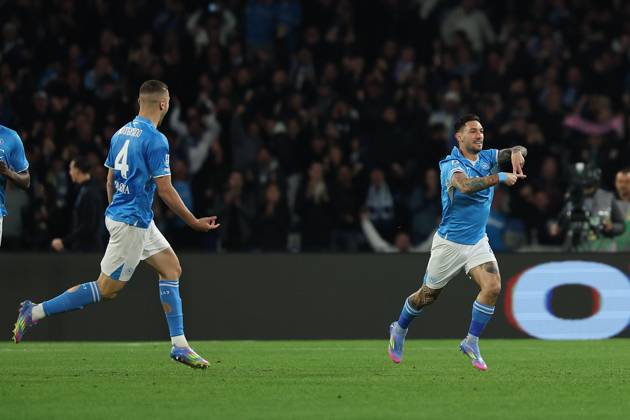 Napoli™s Matteo Politano celebrates after scoring 1-0 during the Serie A soccer match between Napoli and Milan at the Diego Armando Maradona Stadium in Naples, southern italy - Sunday , March 30 , 2025. - Soccer . Copyright: xAlessandroxGarofalo LaPressex