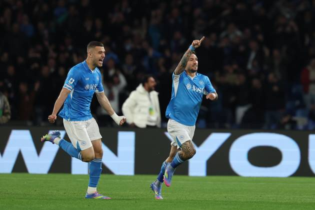Napoli™s Matteo Politano celebrates after scoring 1-0 during the Serie A soccer match between Napoli and Milan at the Diego Armando Maradona Stadium in Naples, southern italy - Sunday , March 30 , 2025. - Soccer .  Copyright: xAlessandroxGarofalo LaPressex