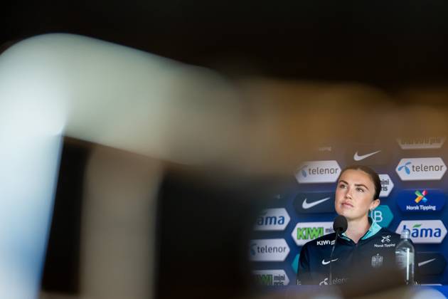 250407 Ingrid Syrstad Engen of the Norwegian women s national football team during a press conference on April 7, 2025 in Oslo Photo Vegard Grott BILDBYRAN kod VG VG0748 bbeng fotboll football soccer fotball norge norway women dam nations league press conference pressekonferanse Copyright: VEGARDxGRoTT BB250407VG055