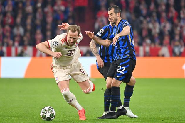 Harry KANE Bayern Muenchen , action,duel against Henrikh MKHITARYAN Milan and Hakan CALHANOGLU Milan Soccer Champions League Quarterfinal FC Bayern Muenchen Inter Milan on 08 04 2025 , A L L I A N Z A R E N A