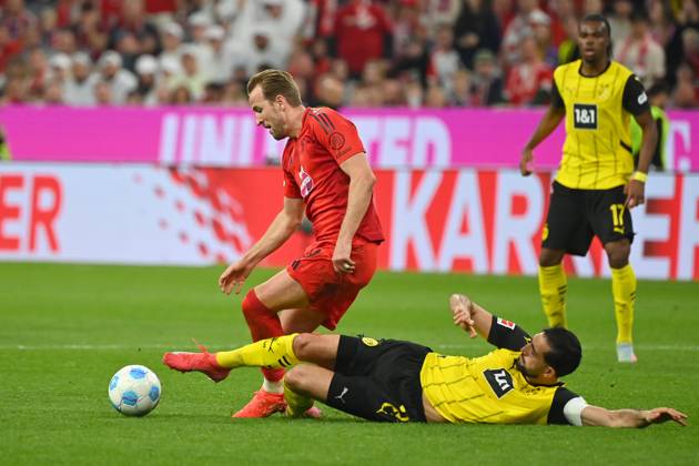 Harry KANE Bayern Muenchen , Action,duel against Emre CAN Borussia Dortmund Football 1 Bundesliga Season 2024 2025, 29 Matchday, Matchday29 FC Bayern Muenchen Borussia Dortmund 2 2 on 12 04 2025 , A L L I A N Z A R E N A