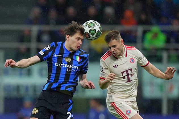 Inter MilanÕs Nicolo Barella .fights for the ball with Bayern s Josip Stanisic during the Uefa Champions League soccer match between Inter and Bayern Munich at San Siro Stadium in Milan , North Italy - , Wednesday April 16, 2025 . - Soccer  Copyright: xSpada LaPressex