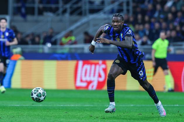 Marcus Thuram of FC Internazionale seen in action during UEFA Champions League 2024 25 Quarter Final - 2nd leg football match between FC Internazionale and FC Bayern Munchen at San Siro Stadium Milan Italy on 16 April 2025. Milan Stadio Giuseppe Meazza Milan Italy Copyright: xEPhotopressx SP24-1176-029