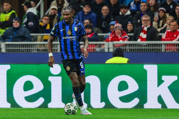 Marcus Thuram of FC Internazionale seen in action during UEFA Champions League 2024 25 Quarter Final - 2nd leg football match between FC Internazionale and FC Bayern Munchen at San Siro Stadium Milan Italy on 16 April 2025. Milan Stadio Giuseppe Meazza Milan Italy Copyright: xEPhotopressx SP24-1176-078