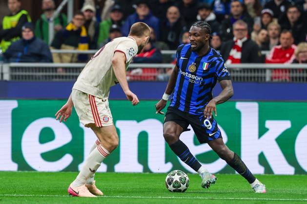 Marcus Thuram of FC Internazionale seen in action during UEFA Champions League 2024 25 Quarter Final - 2nd leg football match between FC Internazionale and FC Bayern Munchen at San Siro Stadium Milan Italy on 16 April 2025. Milan Stadio Giuseppe Meazza Milan Italy Copyright: xEPhotopressx SP24-1176-084