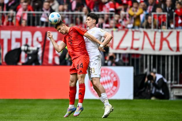 Josip Stanisic FC Bayern Muenchen and Anthony Caci 1 FSV Mainz 05 in a duel during the Bundesliga match between FC Bayern München and 1 FSV Mainz 05, Allianz Arena on April 26, 2025 in Munich, Germany Photo by Harry Langer DeFodi Images Josip Stanisic FC Bayern Muenchen and Anthony Caci 1 FSV Mainz 05 battle for the ball during the Bundesliga match between FC Bayern München and 1 FSV Mainz 05 at Allianz Arena on April 26, 2025 in Munich, Germany Photo by Harry Langer DeFodi Images DFL regulations prohibit any use of photographs as image sequences and or quasi video Photo by Harry Langer DeFodi Images DFL regulations prohibit any use of photographs as image sequences and or quasi video