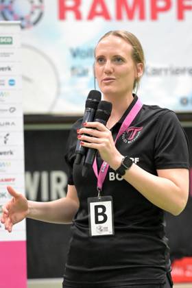 Miriam Hirsch TusSies Metzingen, Coach at the PK TusSies Metzingen vs BVB Borussia Dortmund Handball, Handball, HBF, Playoff, Quarterfinal Game 2, Season 2024 2025, 26 04 2025 TusSies Metzingen vs BVB Borussia Dortmund Handball, Handball, HBF, Playoff, Quarterfinal Game 2, Season 2024 2025, 26 04 2025 Metzingen Copyright: xEibner-Pressefoto TobiasxBaurx EP_TBR