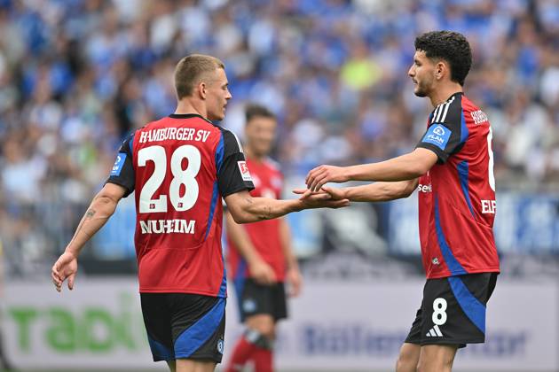 Soccer I Men I Season 2024 2025 I 2 Bundesliga I 32 Matchday I SV Darmstadt 98 Hamburger SV I 03 05 2025 Miro Muheim 28, Hamburger SV and Daniel Elfadli 8, Hamburger SV Darmstadt Böllenfalltor Hessen Germany Copyright: xLobeca MaraxWolfx