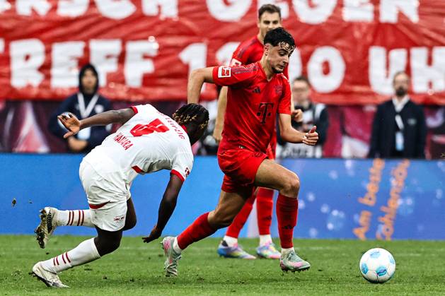Aleksandar Pavlovic FC Bayern Munich,45 vs Amadou Haidara RB Leipzig,8 1 Soccer Bundesliga Season 2024 2025 Point Match RB Leipzig vs FC Bayern Munich at the Red Bull Arena in Leipzig Action,Soccer,Germany,Man,Men,03 05 2025