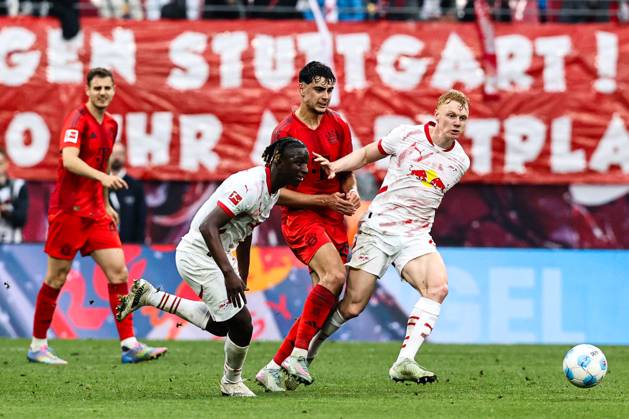 Aleksandar Pavlovic FC Bayern Munich,45 vs Nicolas Seiwald RB Leipzig,13 and Amadou Haidara RB Leipzig,8 1 Soccer Bundesliga Season 2024 2025 Point Match RB Leipzig vs FC Bayern Munich at the Red Bull Arena in Leipzig Action,Soccer,Germany,Man,Men,03 05 2025