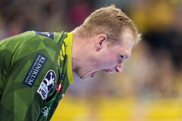 David Späth Goalkeeper, RNL, 29 , single picture, single photo, action, action, cheer, cheering, celebration, joy, rejoice, rejoicing, confident, optimistic, positive, game scene, 15 05 2025, Mannheim Germany , Handball, Bundesliga, Rhein Neckar Löwen 1 VfL Potsdam xozx