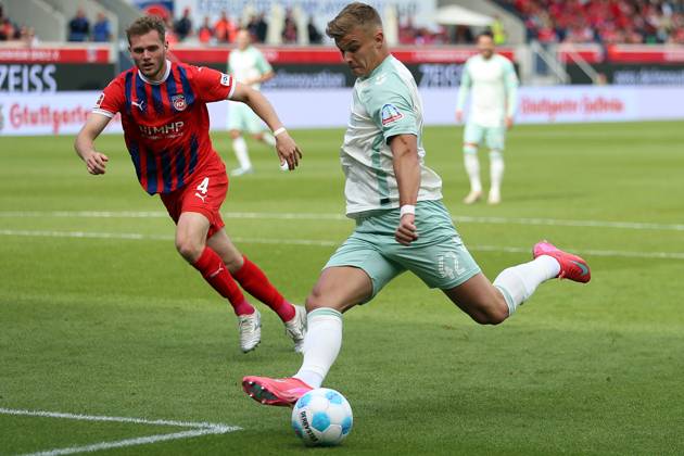17 05 2025, xrekx, Soccer 1 Bundesliga, 1 FC Heidenheim Werder Bremen v l Goal shot to 1 4 by Keke Topp SV Werder Bremen DFL DFB REGULATIONS PROHIBIT ANY USE OF PHOTOGRAPHS as IMAGE SEQUENCES and or QUASI VIDEO Heidenheim