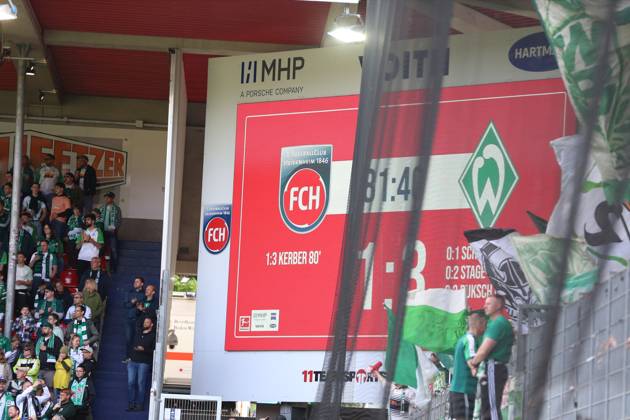 17 05 2025, xrekx, Soccer 1 Bundesliga, 1 FC Heidenheim Werder Bremen v l Scoreboard, Videowall, Scoreboard, Info, Advertising Luca Kerber 1 FC Heidenheim 1846 DFL DFB REGULATIONS PROHIBIT ANY USE OF PHOTOGRAPHS as IMAGE SEQUENCES and or QUASI VIDEO Heidenheim