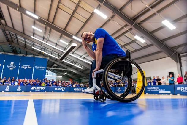 17 05 2025, GER, Wheelchair basketball, Men Women, Season 24 25, 1 Bundesliga, PlayOff Final, RSB Thuringia Bulls RSV Lahn Dill In the picture Andre Bienek RSB Thuringia Bulls The Thuringia Bulls team beat the visiting team from RSV Lahn Dill again in the second PlayOff game to win the season 24 25 German Championship German Champion 99189 Elxleben Fit In Freizeitanlage Sporthal Thueringen Germany