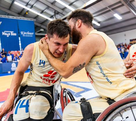 17 05 2025, GER, Wheelchair basketball, Men Women, Season 24 25, 1 Bundesliga, PlayOff Final, RSB Thuringia Bulls RSV Lahn Dill Pictured Aliaksandr Halouski RSB Thuringia Bulls , Jordi Ruiz RSB Thuringia Bulls The Thuringia Bulls team beat the visiting team from RSV Lahn Dill again in the second PlayOff match to win the season 24 25 German Championship German Champion 99189 Elxleben Fit In Freizeitanlage Sporthal Thueringen Germany