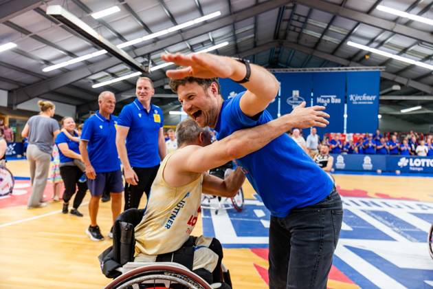 17 05 2025, GER, Wheelchair Basketball, Men Women, Season 24 25, 1 Bundesliga, PlayOff Final, RSB Thuringia Bulls RSV Lahn Dill Pictured Joakim Linden RSB Thuringia Bulls , Michael Engel RSB Thuringia Bulls The Thuringia Bulls team beat the visiting team from RSV Lahn Dill again in the second PlayOff game to win the season 24 25 German Championship German Champion 99189 Elxleben Fit In Freizeitanlage Sporthal Thueringen Germany