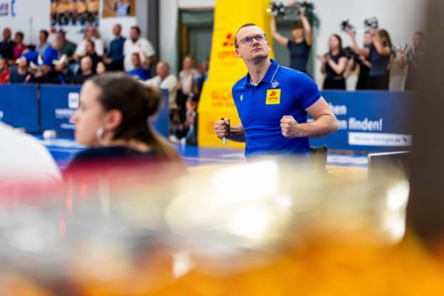 17 05 2025, GER, Wheelchair basketball, Men Women, Season 24 25, 1 Bundesliga, PlayOff Final, RSB Thuringia Bulls RSV Lahn Dill In the picture Andre Bienek RSB Thuringia Bulls The Thuringia Bulls team beat the visiting team from RSV Lahn Dill again in the second PlayOff game to win the season 24 25 German Championship German Champion 99189 Elxleben Fit In Freizeitanlage Sporthal Thueringen Germany